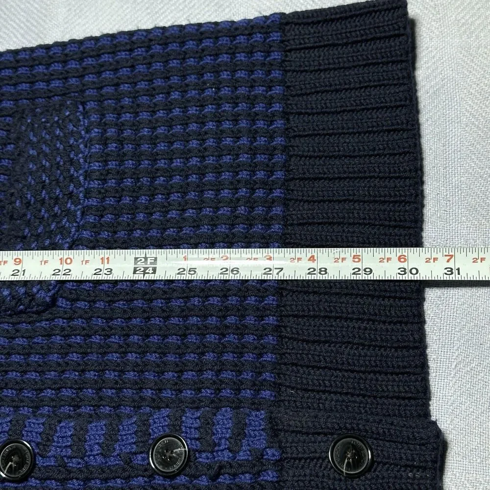 Tory Burch Black Blue Merino Wool Waffle Knit Cardigan‎ Sweater Women's Sz Large